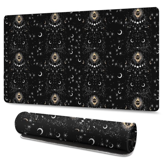 Long Mouse Pads for Desk,Black Gothic Sun Moon Star Pattern Desk Mats on Top Of Desks, Desk Mouse Pad Extra Large with 3mm Non-Slip Base and Stitched Edge for Gaming,Office,Work,Home 47.3"x23.6"