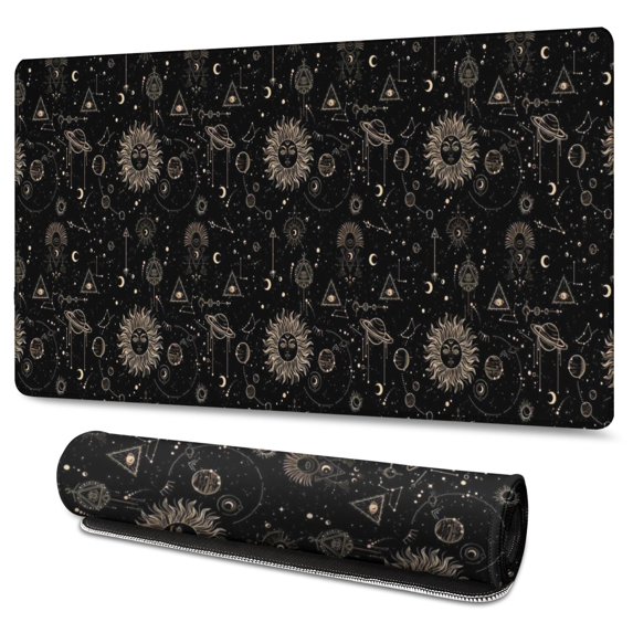 Long Mouse Pads for Desk,Black Gothic Sun Planet Moon Pattern Desk Mats on Top Of Desks, Desk Mouse Pad Extra Large with 3mm Non-Slip Base and Stitched Edge for Gaming,Office,Work,Home 47.3"x23.6"