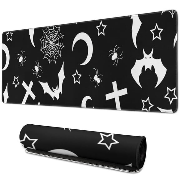Long Mouse Pads for Desk,Black Halloween Bat Spider Pattern Desk Mats on Top Of Desks, Desk Mouse Pad Extra Large with 3mm Non-Slip Base and Stitched Edge for Gaming,Office,Work,Home 31.5"x11.8"