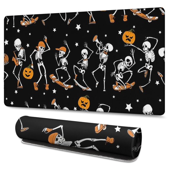 Long Mouse Pads for Desk,Black Halloween Dancing Skeletons Desk Mats on Top Of Desks, Desk Mouse Pad Extra Large with 3mm Non-Slip Base and Stitched Edge for Gaming,Office,Work,Home 47.3"x23.6"