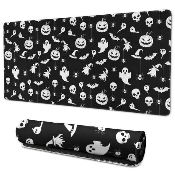 Long Mouse Pads for Desk,Black Halloween Ghost Pumpkin Pattern Desk Mats on Top Of Desks, Desk Mouse Pad Extra Large with 3mm Non-Slip Base and Stitched Edge for Gaming,Office,Work,Home 35.4"x15.7"