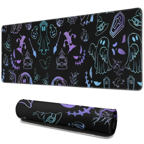 Long Mouse Pads for Desk,Black Halloween Ghost Spider Pattern Desk Mats on Top Of Desks, Desk Mouse Pad Extra Large with 3mm Non-Slip Base and Stitched Edge for Gaming,Office,Work,Home 31.5"x11.8"