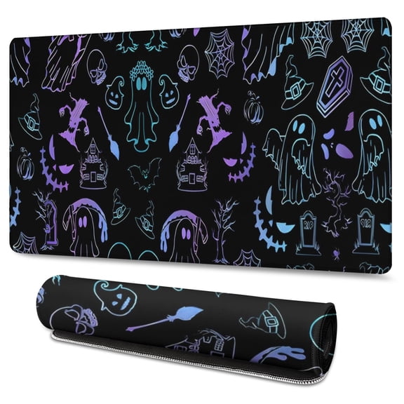 Long Mouse Pads for Desk,Black Halloween Ghost Spider Pattern Desk Mats on Top Of Desks, Desk Mouse Pad Extra Large with 3mm Non-Slip Base and Stitched Edge for Gaming,Office,Work,Home 47.3"x23.6"