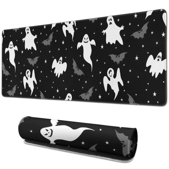 Long Mouse Pads for Desk,Black Halloween Ghosts Bats and Stars Desk Mats on Top Of Desks, Desk Mouse Pad Extra Large with 3mm Non-Slip Base and Stitched Edge for Gaming,Office,Work,Home 31.5"x11.8"