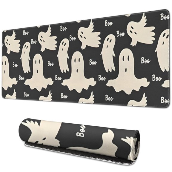 Long Mouse Pads for Desk,Black Halloween Ghosts with Boo Desk Mats on Top Of Desks, Desk Mouse Pad Extra Large with 3mm Non-Slip Base and Stitched Edge for Gaming,Office,Work,Home 31.5"x11.8"