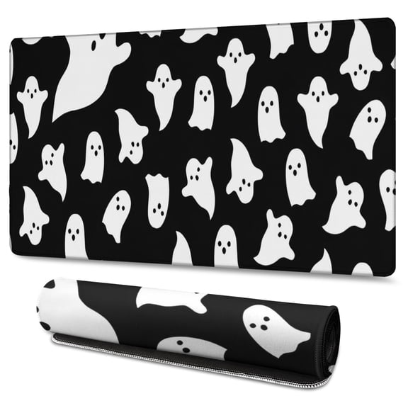 Long Mouse Pads for Desk,Black Halloween Ghosts with Boo Desk Mats on Top Of Desks, Desk Mouse Pad Extra Large with 3mm Non-Slip Base and Stitched Edge for Gaming,Office,Work,Home 47.3"x23.6"