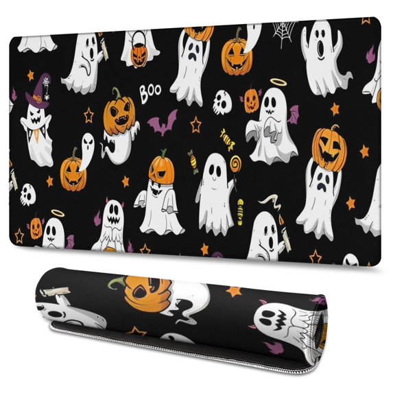Long Mouse Pads for Desk,Black Halloween Ghosts and Pumpkins Desk Mats on Top Of Desks, Desk Mouse Pad Extra Large with 3mm Non-Slip Base and Stitched Edge for Gaming,Office,Work,Home 47.3"x23.6"