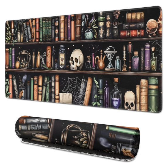 Long Mouse Pads for Desk,Black Halloween Skull Book Pattern Desk Mats on Top Of Desks, Desk Mouse Pad Extra Large with 3mm Non-Slip Base and Stitched Edge for Gaming,Office,Work,Home 31.5"x15.7"