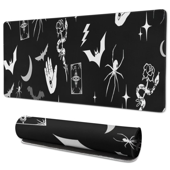 Long Mouse Pads for Desk,Black Halloween Witchy Symbols Desk Mats on Top Of Desks, Desk Mouse Pad Extra Large with 3mm Non-Slip Base and Stitched Edge for Gaming,Office,Work,Home 35.4"x15.7"
