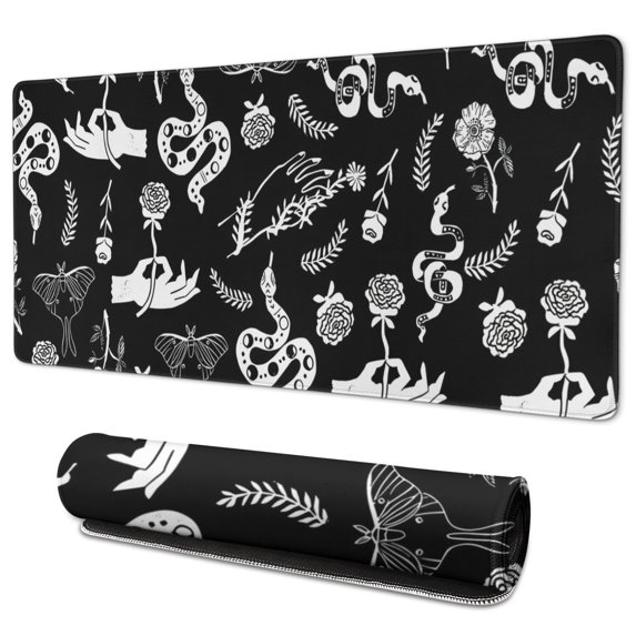 Long Mouse Pads for Desk,Black Hand Flower Snake Pattern Desk Mats on Top Of Desks, Desk Mouse Pad Extra Large with 3mm Non-Slip Base and Stitched Edge for Gaming,Office,Work,Home 35.4"x15.7"
