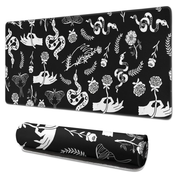 Long Mouse Pads for Desk,Black Hand Flower Snake Pattern Desk Mats on Top Of Desks, Desk Mouse Pad Extra Large with 3mm Non-Slip Base and Stitched Edge for Gaming,Office,Work,Home 31.5"x15.7"