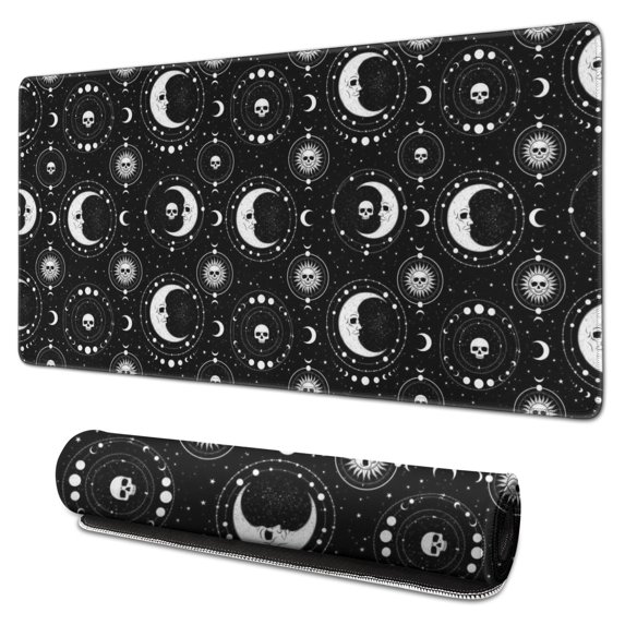 Long Mouse Pads for Desk,Black Moon Skull Pattern Desk Mats on Top Of Desks, Desk Mouse Pad Extra Large with 3mm Non-Slip Base and Stitched Edge for Gaming,Office,Work,Home 31.5"x15.7"