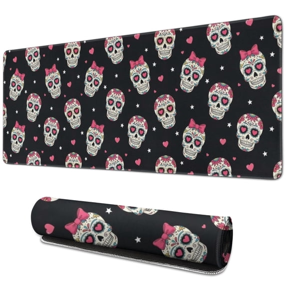 Long Mouse Pads for Desk,Black Pink Skull Pattern Desk Mats on Top Of Desks, Desk Mouse Pad Extra Large with 3mm Non-Slip Base and Stitched Edge for Gaming,Office,Work,Home 31.5"x11.8"