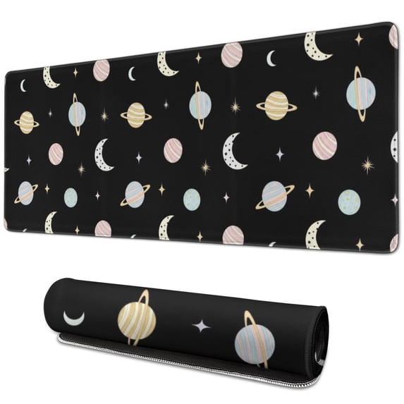 Long Mouse Pads for Desk,Black Planet Moon Pattern Desk Mats on Top Of Desks, Desk Mouse Pad Extra Large with 3mm Non-Slip Base and Stitched Edge for Gaming,Office,Work,Home 31.5"x11.8"