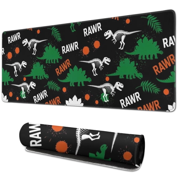 Long Mouse Pads for Desk,Black Rawr Dinosaur Skeleton Pattern Desk Mats on Top Of Desks, Desk Mouse Pad Extra Large with 3mm Non-Slip Base and Stitched Edge for Gaming,Office,Work,Home 31.5"x11.8"
