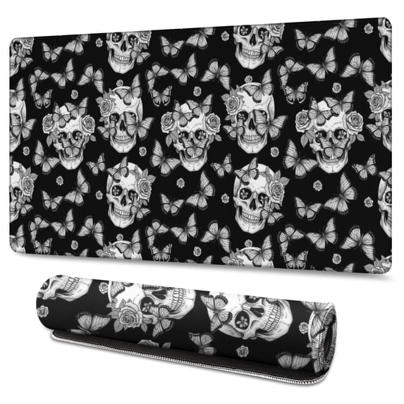 Long Mouse Pads for Desk,Black Skull Butterfly Pattern Desk Mats on Top Of Desks, Desk Mouse Pad Extra Large with 3mm Non-Slip Base and Stitched Edge for Gaming,Office,Work,Home 47.3"x23.6"