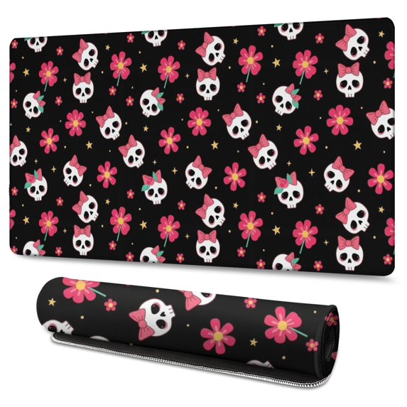 Long Mouse Pads for Desk,Black Skull Flower Bow Pattern Desk Mats on Top Of Desks, Desk Mouse Pad Extra Large with 3mm Non-Slip Base and Stitched Edge for Gaming,Office,Work,Home 47.3"x23.6"