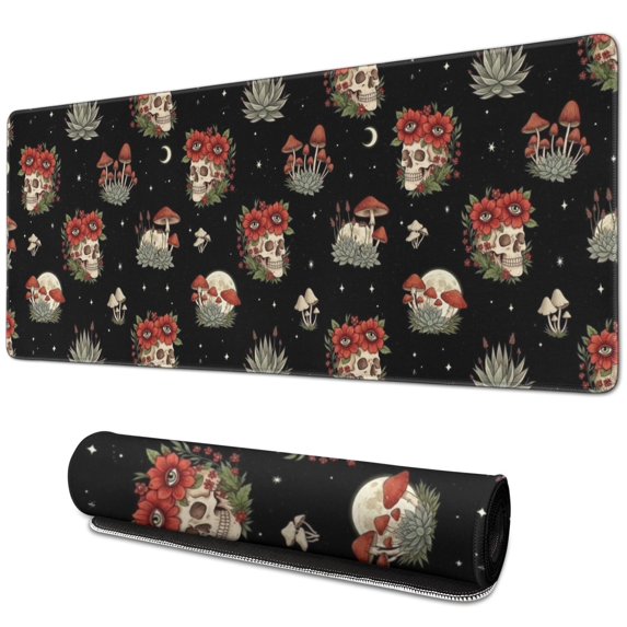 Long Mouse Pads for Desk,Black Skull Flower Mushroom Pattern Desk Mats on Top Of Desks, Desk Mouse Pad Extra Large with 3mm Non-Slip Base and Stitched Edge for Gaming,Office,Work,Home 31.5"x11.8"
