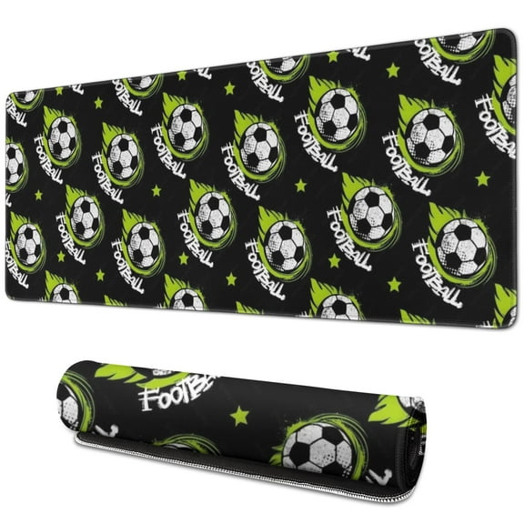 Long Mouse Pads for Desk,Black Soccer Balls with Green Elements Desk Mats on Top Of Desks, Desk Mouse Pad Extra Large with 3mm Non-Slip Base and Stitched Edge for Gaming,Work,Home 31.5"x11.8"