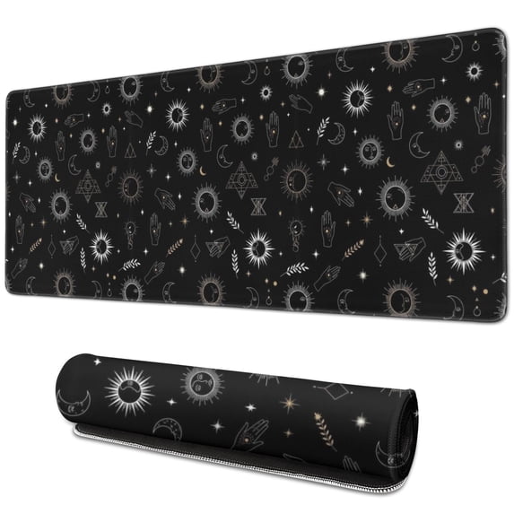 Long Mouse Pads for Desk,Black Sun Moon Star Geometry Hand Desk Mats on Top Of Desks, Desk Mouse Pad Extra Large with 3mm Non-Slip Base and Stitched Edge for Gaming,Work,Home 31.5"x11.8"