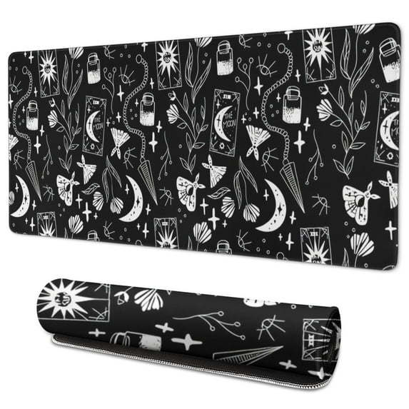 Long Mouse Pads for Desk,Black Tarot Moon Moth Pattern Desk Mats on Top Of Desks, Desk Mouse Pad Extra Large with 3mm Non-Slip Base and Stitched Edge for Gaming,Office,Work,Home 35.4"x15.7"