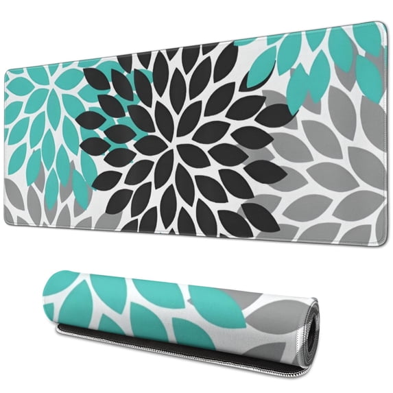 Long Mouse Pads for Desk,Black Turquoise and Gray Floral Pattern Desk Mats on Top Of Desks, Desk Mouse Pad Extra Large with 3mm Non-Slip Base and Stitched Edge for Gaming,Office,Work,Home 31.5"x11.8"