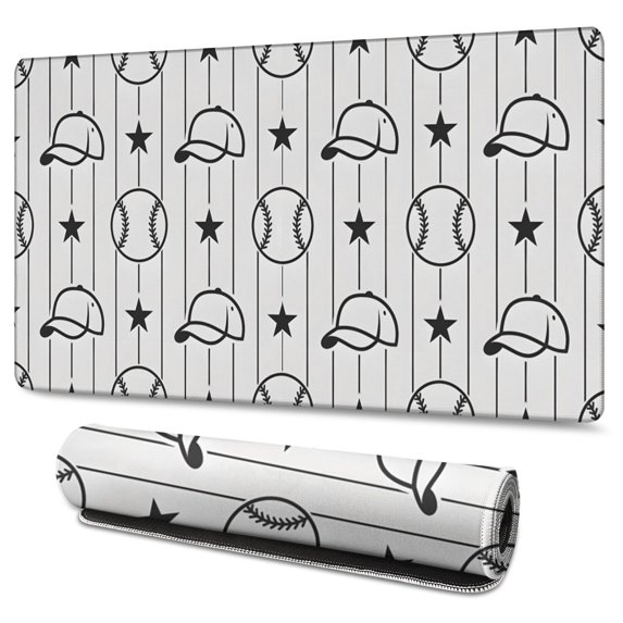 Long Mouse Pads for Desk,Black and White Baseball Caps Pattern Desk Mats on Top Of Desks, Desk Mouse Pad Extra Large with 3mm Non-Slip Base and Stitched Edge for Gaming,Office,Work,Home 47.3"x23.6"