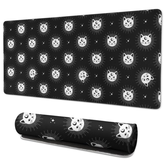 Long Mouse Pads for Desk,Black White Cat Moon Star Pattern Desk Mats on Top Of Desks, Desk Mouse Pad Extra Large with 3mm Non-Slip Base and Stitched Edge for Gaming,Office,Work,Home 35.4"x15.7"