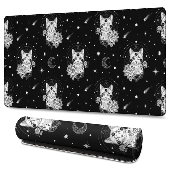 Long Mouse Pads for Desk,Black White Cat Rose Moon Star Pattern Desk Mats on Top Of Desks, Desk Mouse Pad Extra Large with 3mm Non-Slip Base and Stitched Edge for Gaming,Office,Work,Home 47.3"x23.6"