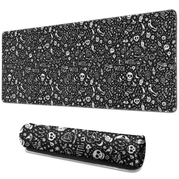Long Mouse Pads for Desk,Black White Gothic Witch Skull Pattern Desk Mats on Top Of Desks, Desk Mouse Pad Extra Large with 3mm Non-Slip Base and Stitched Edge for Gaming,Office,Work,Home 31.5"x11.8"