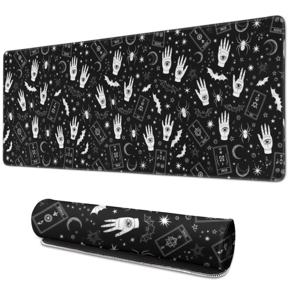 Long Mouse Pads for Desk,Black White Halloween Hand Tarot Bat Desk Mats on Top Of Desks, Desk Mouse Pad Extra Large with 3mm Non-Slip Base and Stitched Edge for Gaming,Work,Home 31.5"x11.8"