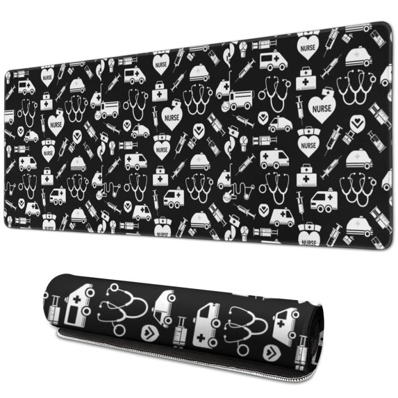 Long Mouse Pads for Desk,Black White Medical Symbol Pattern Desk Mats on Top Of Desks, Desk Mouse Pad Extra Large with 3mm Non-Slip Base and Stitched Edge for Gaming,Office,Work,Home 31.5"x11.8"
