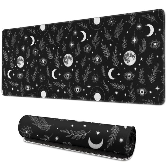 Long Mouse Pads for Desk,Black White Moon Leaf Eye Star Pattern Desk Mats on Top Of Desks, Desk Mouse Pad Extra Large with 3mm Non-Slip Base and Stitched Edge for Gaming,Office,Work,Home 31.5"x11.8"