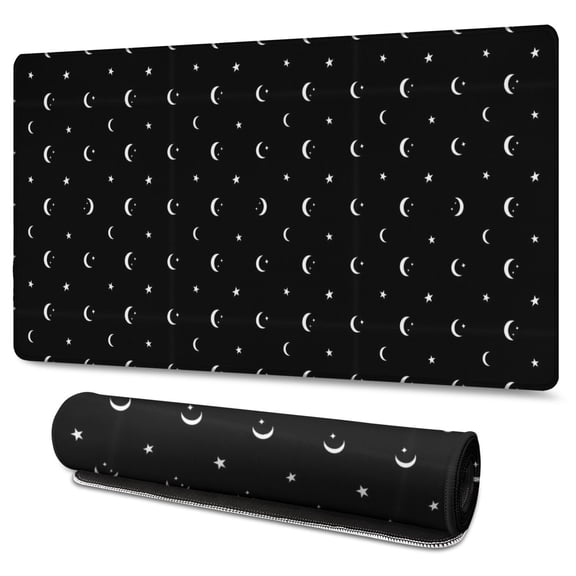 Long Mouse Pads for Desk,Black White Moon Star Pattern Desk Mats on Top Of Desks, Desk Mouse Pad Extra Large with 3mm Non-Slip Base and Stitched Edge for Gaming,Office,Work,Home 47.3"x23.6"