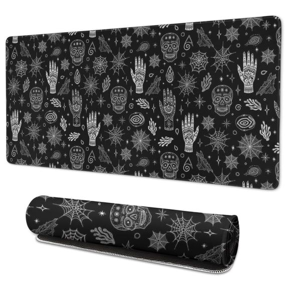 Long Mouse Pads for Desk,Black White Skull Hand Spider Pattern Desk Mats on Top Of Desks, Desk Mouse Pad Extra Large with 3mm Non-Slip Base and Stitched Edge for Gaming,Office,Work,Home 35.4"x15.7"
