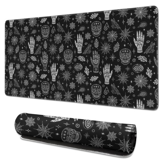 Long Mouse Pads for Desk,Black White Skull Hand Spider Pattern Desk Mats on Top Of Desks, Desk Mouse Pad Extra Large with 3mm Non-Slip Base and Stitched Edge for Gaming,Office,Work,Home 31.5"x15.7"