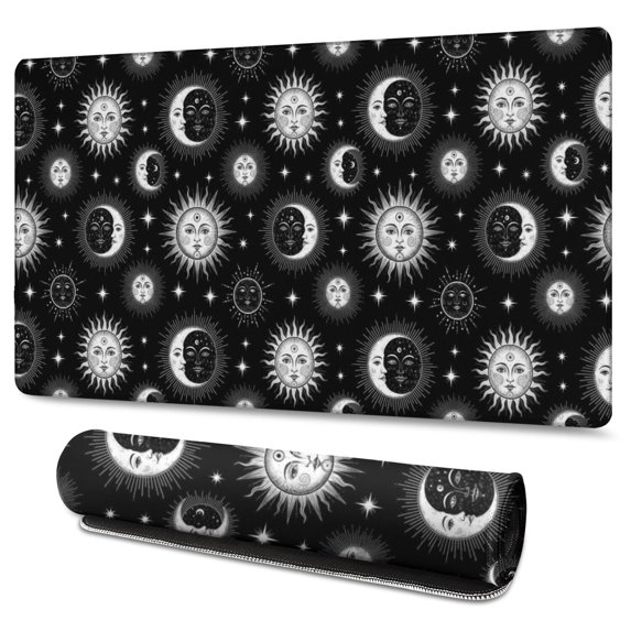 Long Mouse Pads for Desk,Black White Sun Moon Face Star Pattern Desk Mats on Top Of Desks, Desk Mouse Pad Extra Large with 3mm Non-Slip Base and Stitched Edge for Gaming,Office,Work,Home 47.3"x23.6"