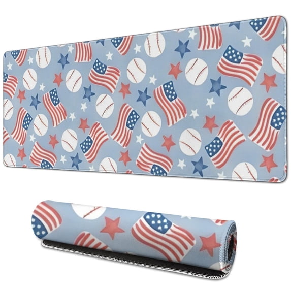 Long Mouse Pads for Desk,Blue Baseballs and USA Flags Pattern Desk Mats on Top Of Desks, Desk Mouse Pad Extra Large with 3mm Non-Slip Base and Stitched Edge for Gaming,Office,Work,Home 31.5"x11.8"