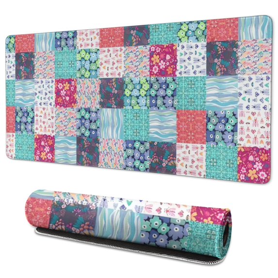 Long Mouse Pads for Desk,Blue Boho Pioneer Flower Patchwork Desk Mats on Top Of Desks, Desk Mouse Pad Extra Large with 3mm Non-Slip Base and Stitched Edge for Gaming,Work,Home 35.4"x15.7"