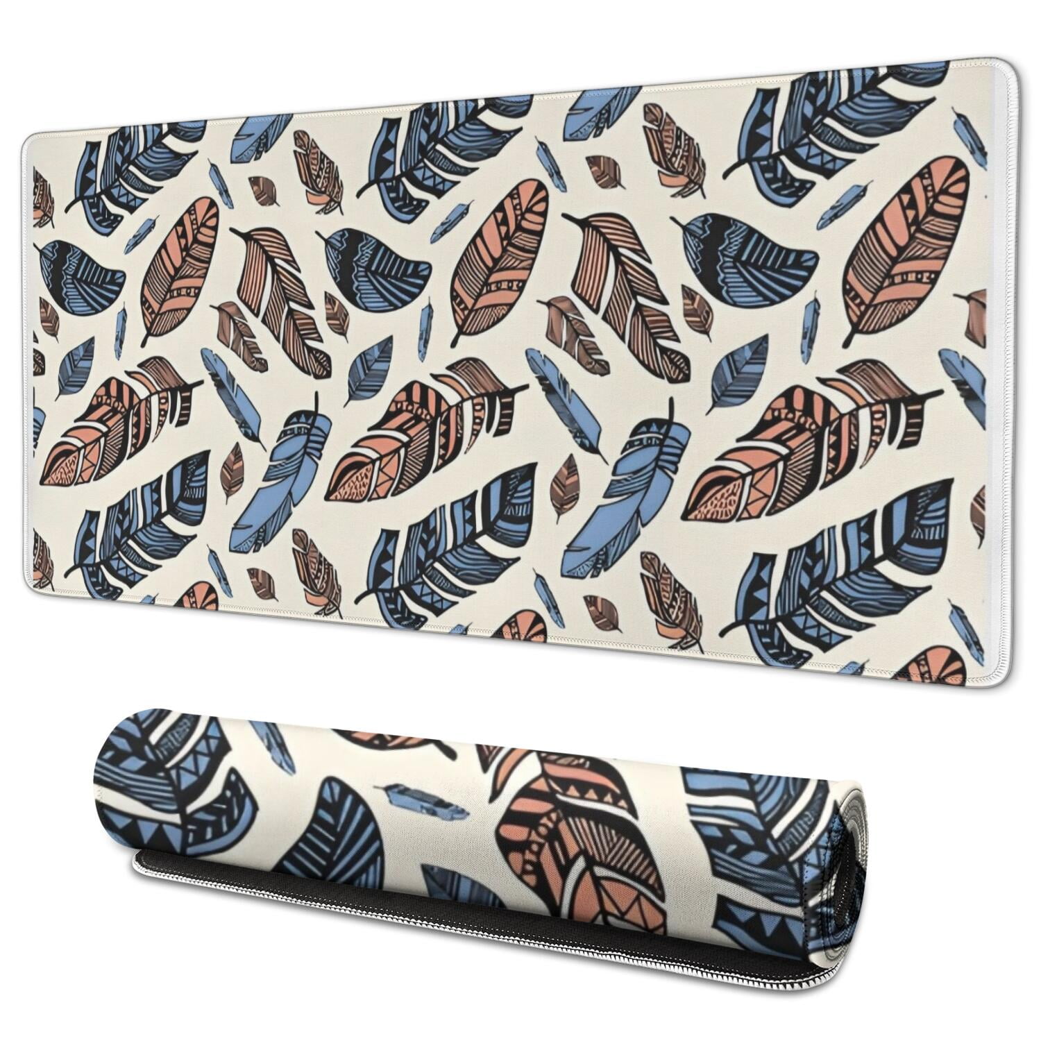 Long Mouse Pads for Desk,Blue and Brown Feather Pattern Desk Mats on Top Of Desks, Desk Mouse Pad Extra Large with 3mm Non-Slip Base and Stitched Edge for Gaming,Office,Work,Home 35.4"x15.7"