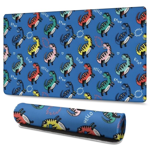 Long Mouse Pads for Desk,Blue Cartoon Dinosaurs Text Pattern Desk Mats on Top Of Desks, Desk Mouse Pad Extra Large with 3mm Non-Slip Base and Stitched Edge for Gaming,Office,Work,Home 47.3"x23.6"
