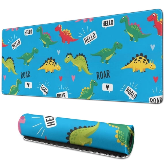 Long Mouse Pads for Desk,Blue Cartoon Dinosaurs WordsHearts Desk Mats on Top Of Desks, Desk Mouse Pad Extra Large with 3mm Non-Slip Base and Stitched Edge for Gaming,Work,Home 31.5"x11.8"
