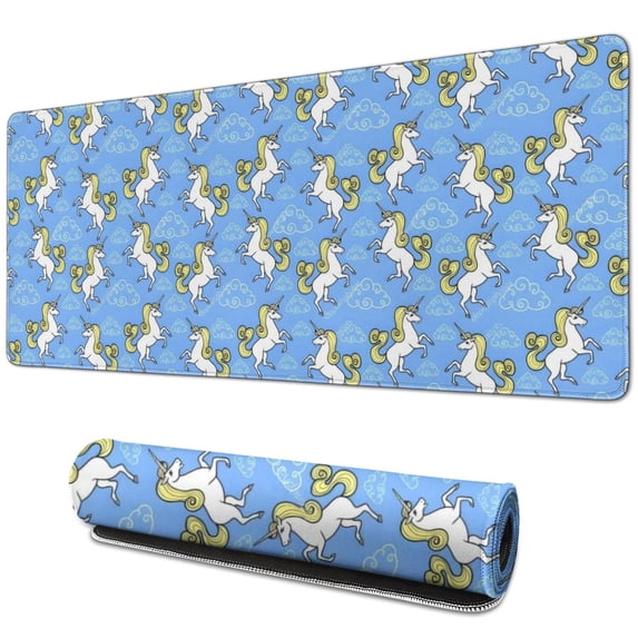 Long Mouse Pads for Desk,Blue Cartoon Unicorn Cloud Pattern Desk Mats on Top Of Desks, Desk Mouse Pad Extra Large with 3mm Non-Slip Base and Stitched Edge for Gaming,Office,Work,Home 31.5"x11.8"