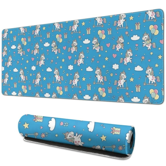Long Mouse Pads for Desk,Blue Cartoon Unicorn Gift Balloon Cloud Desk Mats on Top Of Desks, Desk Mouse Pad Extra Large with 3mm Non-Slip Base and Stitched Edge for Gaming,Work,Home 31.5"x11.8"