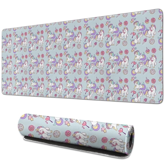 Long Mouse Pads for Desk,Blue Cartoon Unicorn Lollipop Pattern Desk Mats on Top Of Desks, Desk Mouse Pad Extra Large with 3mm Non-Slip Base and Stitched Edge for Gaming,Office,Work,Home 31.5"x11.8"