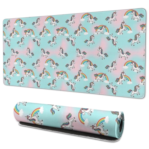 Long Mouse Pads for Desk,Blue Cartoon Unicorn Rainbow Cloud Desk Mats on Top Of Desks, Desk Mouse Pad Extra Large with 3mm Non-Slip Base and Stitched Edge for Gaming,Work,Home 35.4"x15.7"