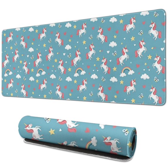 Long Mouse Pads for Desk,Blue Cartoon Unicorn Rainbow Star Heart Cloud Desk Mats on Top Of Desks, Desk Mouse Pad Extra Large with 3mm Non-Slip Base and Stitched Edge for Gaming,Work,Home 31.5"x11.8"