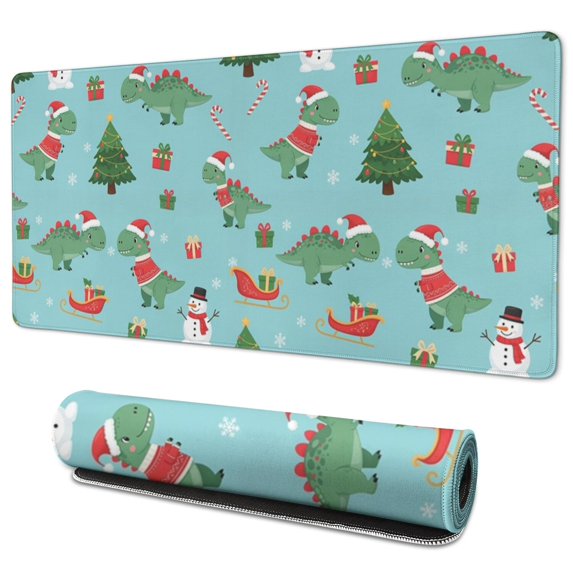 Long Mouse Pads for Desk,Blue Christmas Dinosaurs Snowmen Pattern Desk Mats on Top Of Desks, Desk Mouse Pad Extra Large with 3mm Non-Slip Base and Stitched Edge for Gaming,Office,Work,Home 35.4"x15.7"