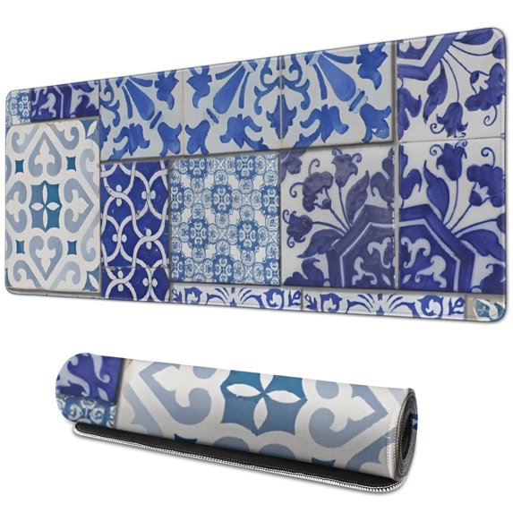 Long Mouse Pads for Desk,Blue Ethnic Floral Patchwork Pattern Desk Mats on Top Of Desks, Desk Mouse Pad Extra Large with 3mm Non-Slip Base and Stitched Edge for Gaming,Office,Work,Home 31.5"x11.8"