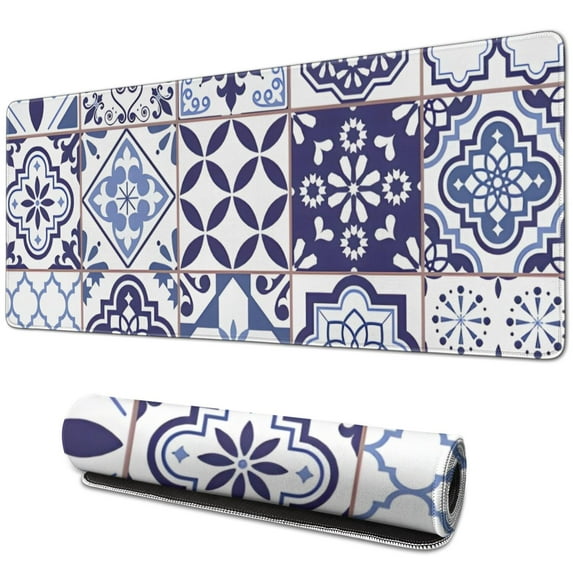 Long Mouse Pads for Desk,Blue Ethnic Geometric Patchwork Pattern Desk Mats on Top Of Desks, Desk Mouse Pad Extra Large with 3mm Non-Slip Base and Stitched Edge for Gaming,Office,Work,Home 31.5"x11.8"
